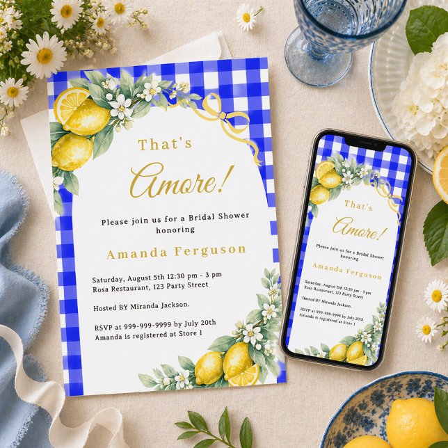 Lemon gingham blue italian amore bow Bridal Shower Invitation (Creator Uploaded)