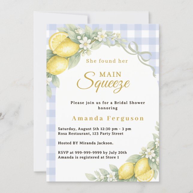 Lemon gingham blue main squeeze bow Bridal Shower Invitation (Front)