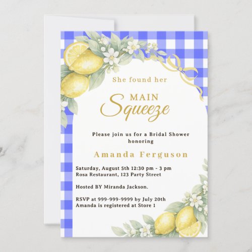 Lemon gingham blue main squeeze bow Bridal Shower Invitation