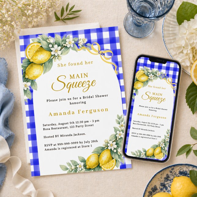 Lemon gingham blue main squeeze bow Bridal Shower Invitation (Creator Uploaded)