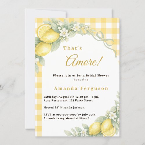 Lemon gingham italian amore bow Bridal Shower Invitation