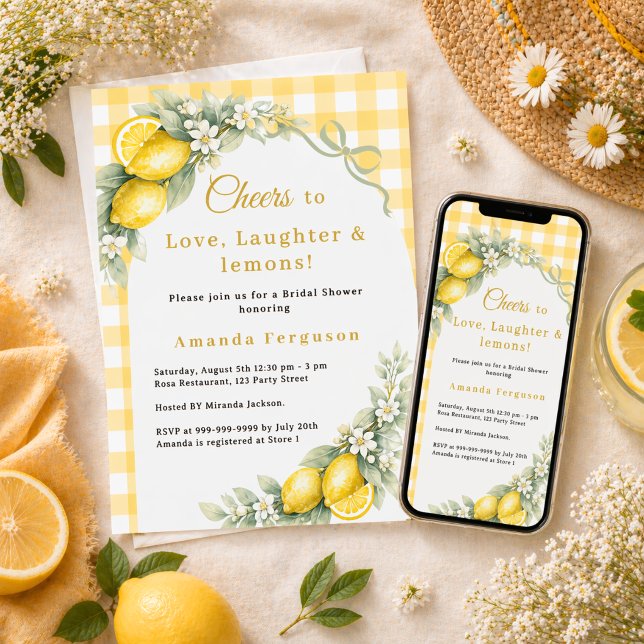Lemon gingham love laughter bow Bridal Shower Invitation (Creator Uploaded)