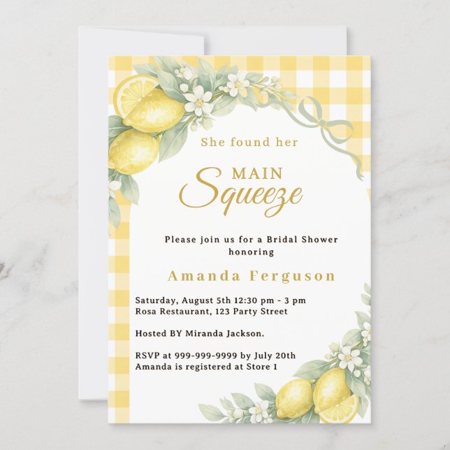 Lemon gingham main squeeze bow Bridal Shower Invitation (Front)