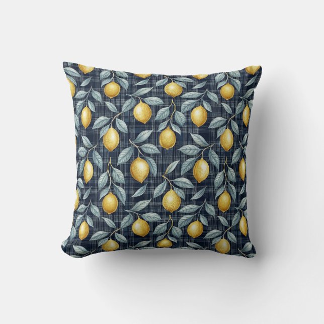 Lemon Gingham Mediterranean Pattern Throw Pillow (Front)
