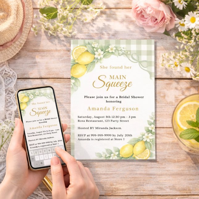Lemon gingham sage main squeeze bow Bridal Shower Invitation (Creator Uploaded)
