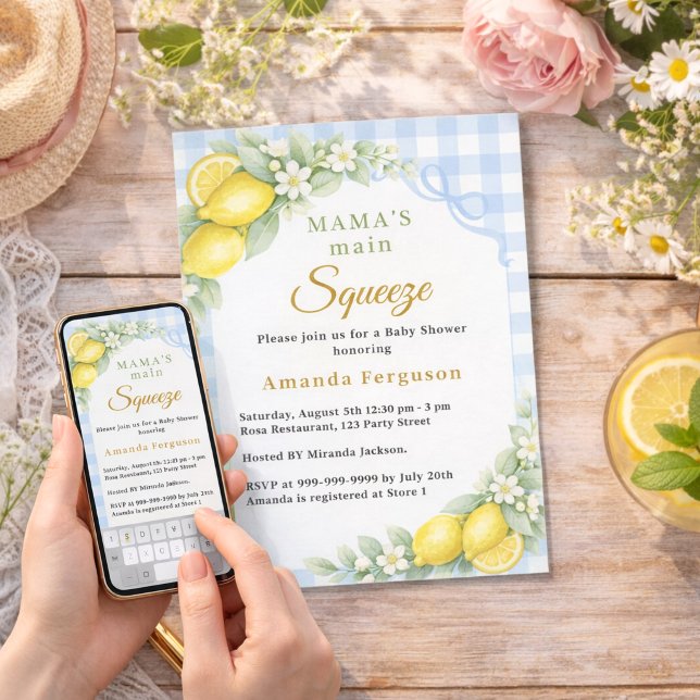 Lemon gingham squeeze blue bow boy Baby Shower Invitation (Creator Uploaded)
