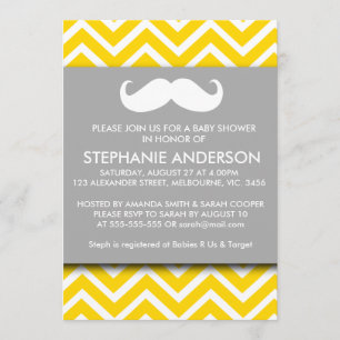 Lemon gold gray chevron mustache baby boy shower invitation