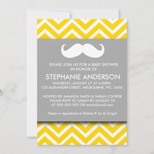 Lemon gold gray chevron mustache baby boy shower invitation