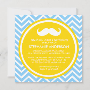 Lemon gold gray chevron mustache baby boy shower invitation