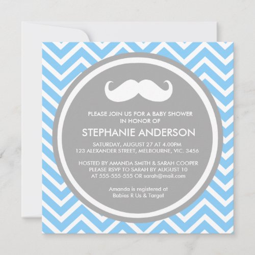 Lemon gold gray chevron mustache baby boy shower invitation