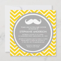 Lemon gold gray chevron mustache baby boy shower invitation
