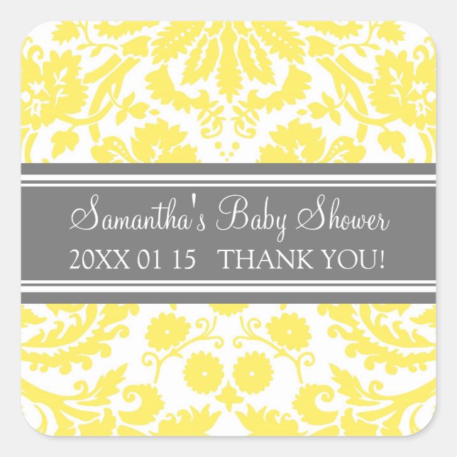 Lemon Gray Damask Baby Shower Favor Stickers (Front)