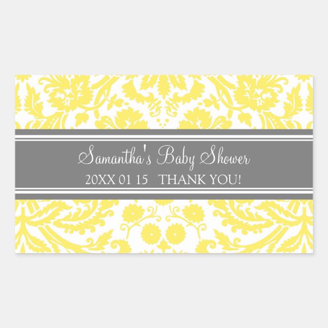Lemon Gray Damask Baby Shower Favor Stickers (Front)