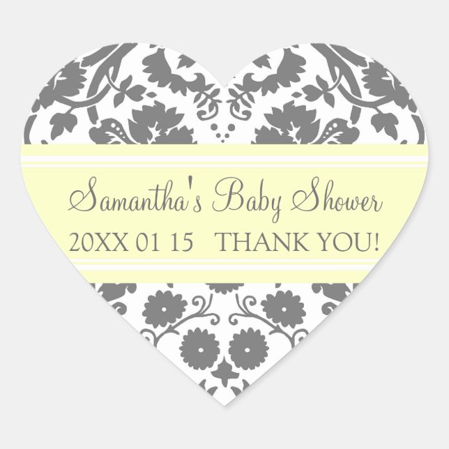 Lemon Gray Damask Baby Shower Favor Stickers (Front)