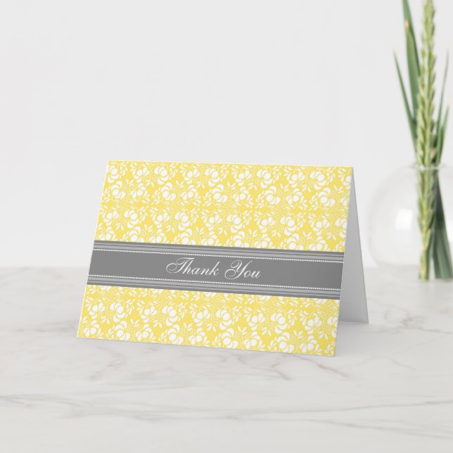 Lemon Gray Damask Baby Shower Thank You Card (Front)