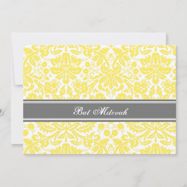 Lemon Gray Damask Bat Mitzvah Invitations (Front)
