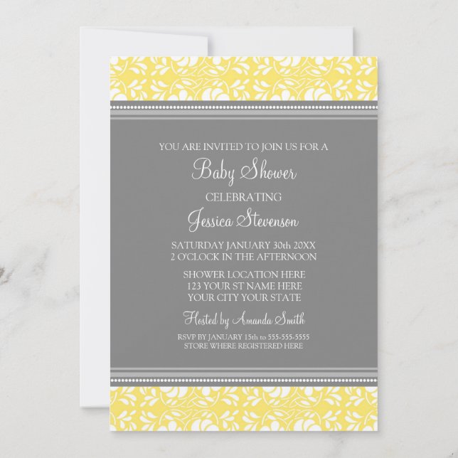 Lemon Gray Damask Custom Baby Shower Invitations (Back)