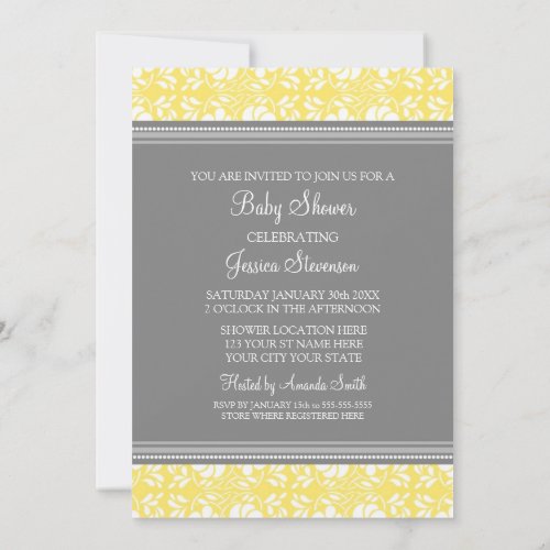 Lemon Gray Damask Custom Baby Shower Invitations