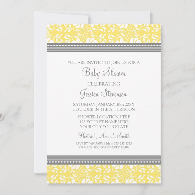 Lemon Gray Damask Custom Baby Shower Invitations (Back)