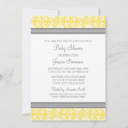 Lemon Gray Damask Custom Baby Shower Invitations