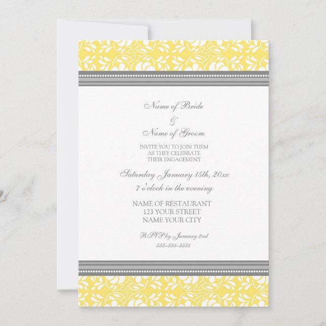 Lemon Gray Damask Engagement Party Invitations (Front)