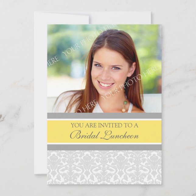 Lemon Gray Damask Photo Bridal Luncheon Invitation (Front)