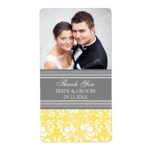 Lemon Gray Damask Photo Wedding Labels