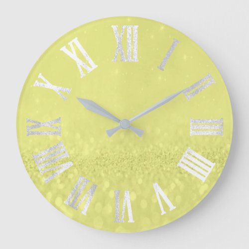 Lemon Gray Silver Glitter Metal Roman Numers Large Clock