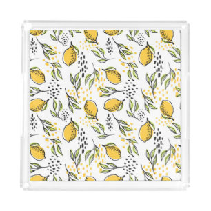 Lemon, green branches: abstract pattern. acrylic tray