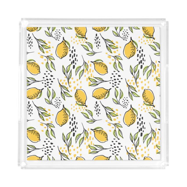 Lemon, green branches: abstract pattern. acrylic tray (Front)