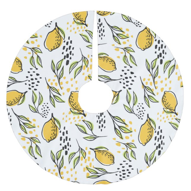 Lemon, green branches: abstract pattern. brushed polyester tree skirt (Front)
