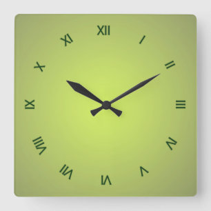 Lemon Green Dark Green Roman Numerals Square Wall Clock