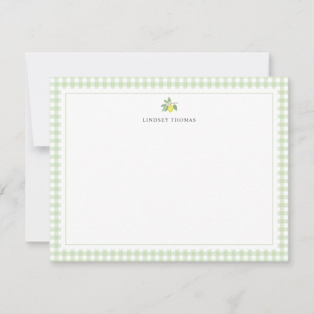 Lemon Green Gingham Border Personalized Note Card (Front)