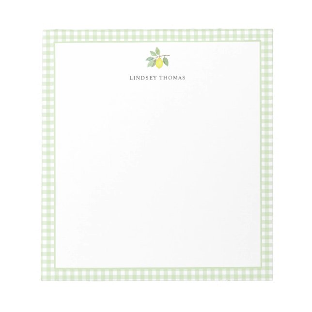 Lemon Green Gingham Border Personalized Notepad (Front)