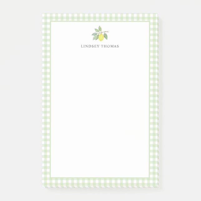 Lemon Green Gingham Border Personalized Post-it Notes (Front)
