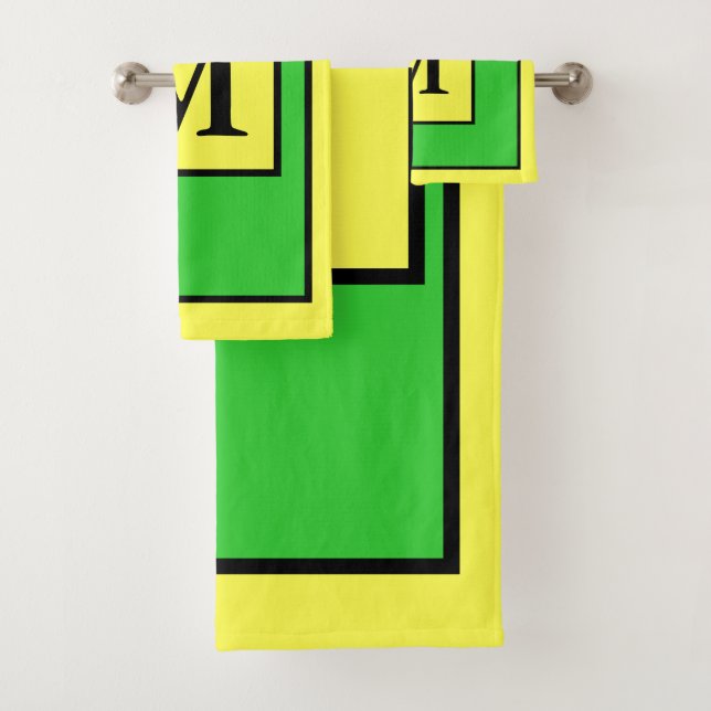 Lemon Green Monogram Block Pattern Bath Towel Set (Insitu)