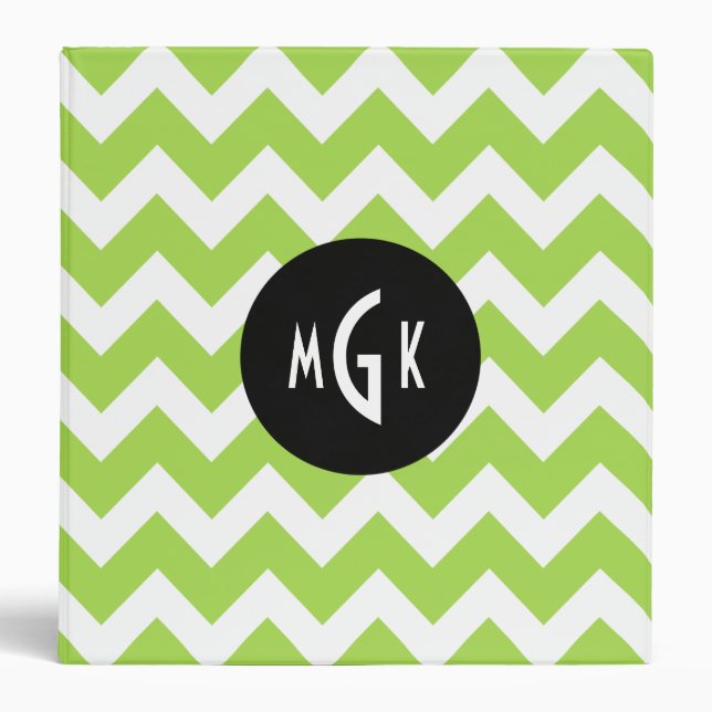 Lemon Green White Chevron Pattern Monogram Modern Binder (Front)