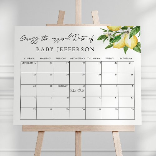 Lemon Greenery Baby Shower Guess Due Date Calendar Poster