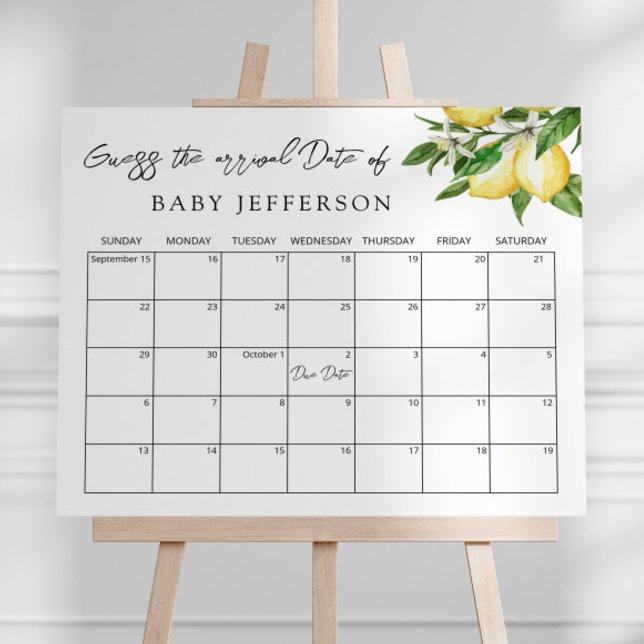 Lemon Greenery Baby Shower Guess Due Date Calendar Poster (Creator Uploaded)