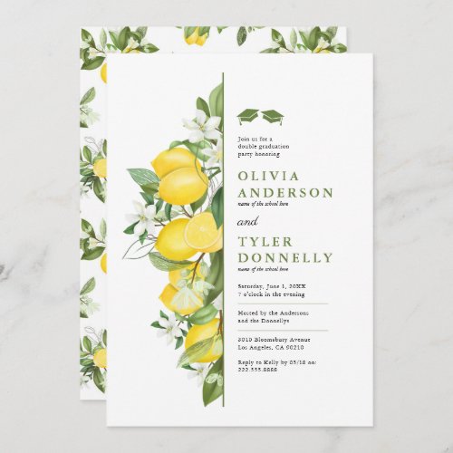 Lemon Greenery Double Graduation Party Invitation - Celebrate the two graduates with these summer citrus themed graduation party invitations featuring watercolor lemons, florals & greenery, and a elegant text template that is easy to personalize.