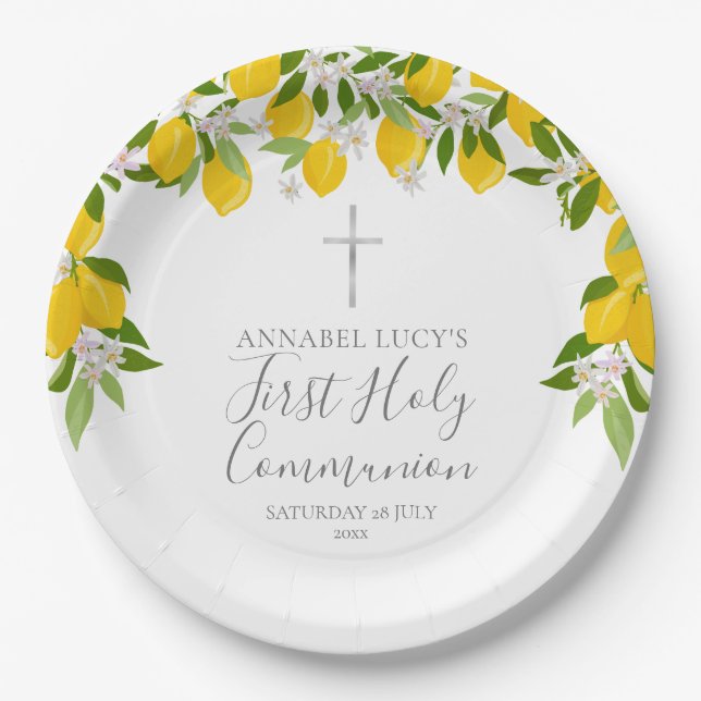 Lemon Greenery First Holy Communion Paper Plates (Front)