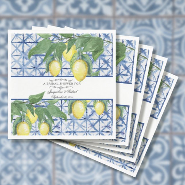 Lemon Greenery Floral Blue White Elegant Bridal Napkins (Creator Uploaded)