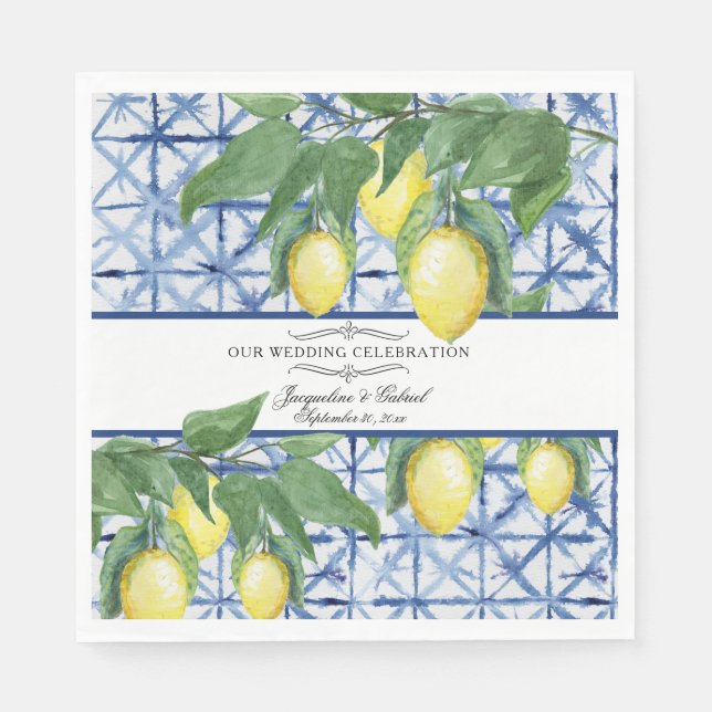 Lemon Greenery Floral Blue White Elegant Wedding  Napkins (Front)
