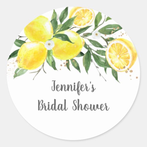 Lemon Greenery Gold Bridal Shower Classic Round Sticker
