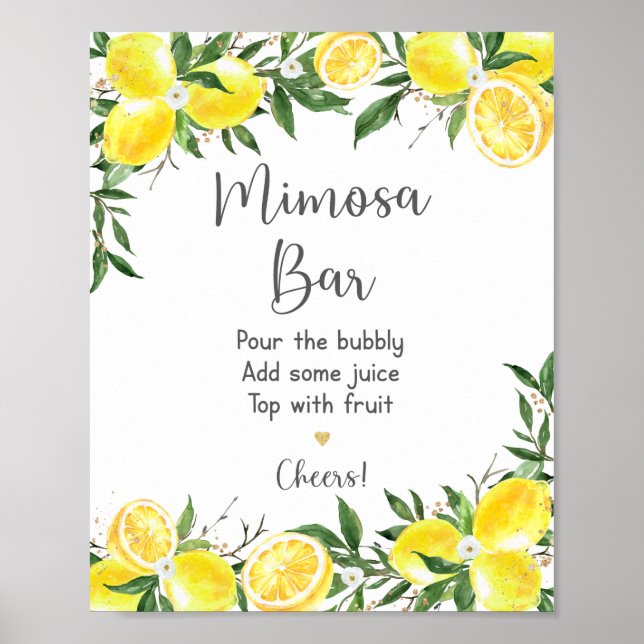 Lemon Greenery Gold Bridal Shower Mimosa Bar Poster (Front)
