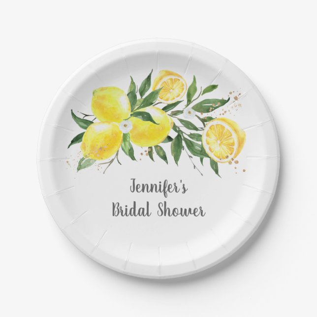 Lemon Greenery Gold Bridal Shower Paper Plates (Front)