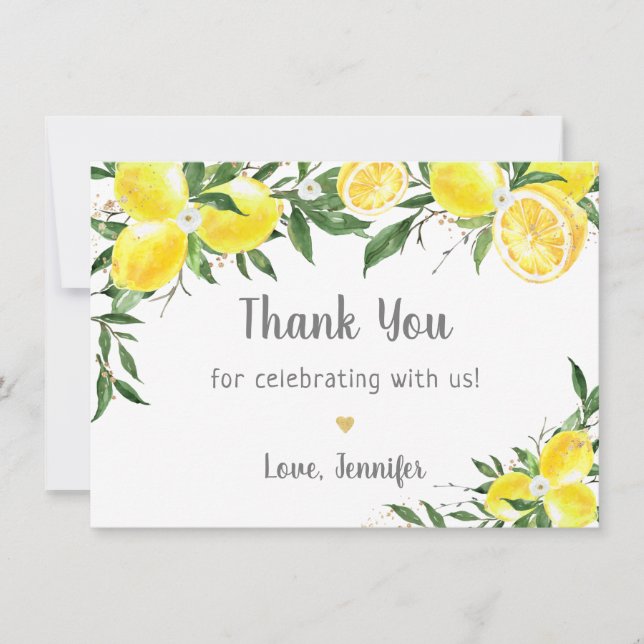 Lemon Greenery Gold Bridal Shower Thank You Card (Front)