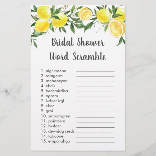 Lemon Greenery Gold Bridal Word Scramble Game