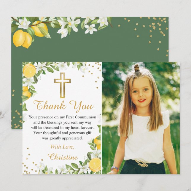 Lemon Greenery Gold Cross First Communion Photo Thank You Card (Front/Back)