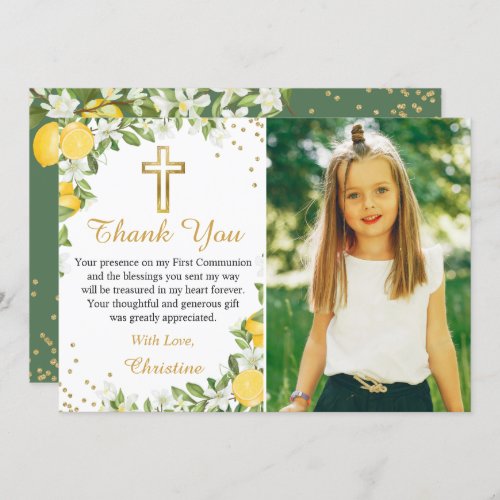 Lemon Greenery Gold Cross First Communion Photo Thank You Card